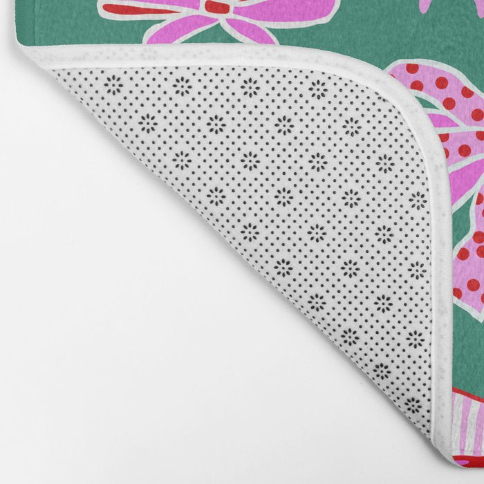 Festive Pink and Red Christmas Ribbons and Bows hand drawn Collection on Green Bath Mat Gallery Image 2