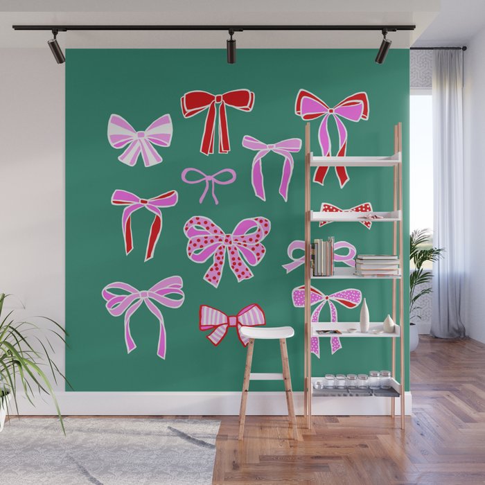 Festive Pink and Red Christmas Ribbons and Bows hand drawn Collection on Green Wall Mural Gallery Image 1