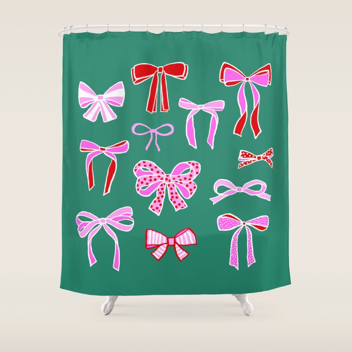 Festive Pink and Red Christmas Ribbons and Bows hand drawn Collection on Green Shower Curtain Gallery Image 1