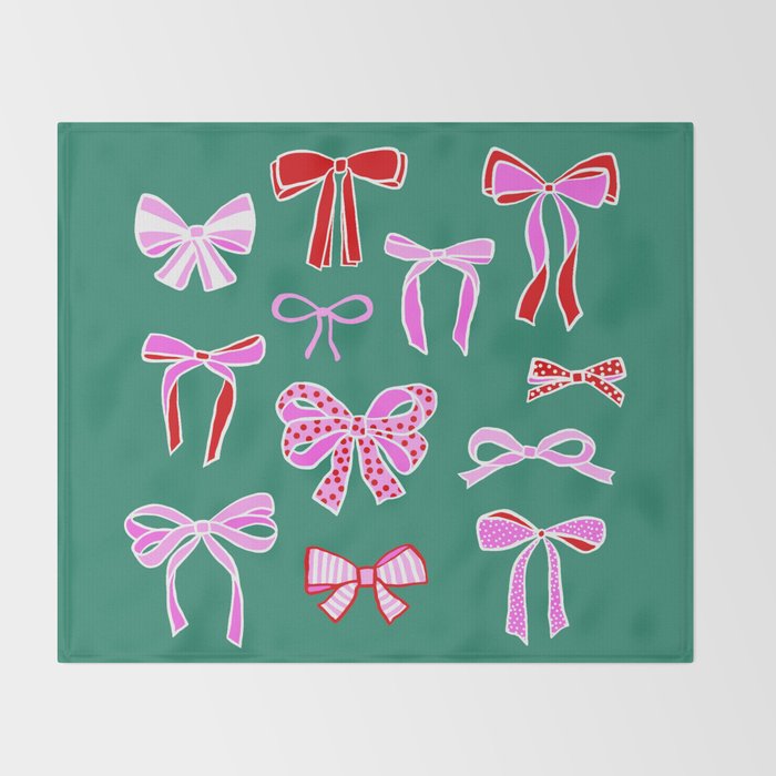 Festive Pink and Red Christmas Ribbons and Bows hand drawn Collection on Green Throw Blanket Gallery Image 2