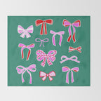 Festive Pink and Red Christmas Ribbons and Bows hand drawn Collection on Green Throw Blanket Gallery Image 2