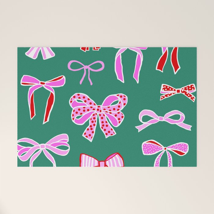 Festive Pink and Red Christmas Ribbons and Bows hand drawn Collection on Green Welcome Mat Gallery Image 1