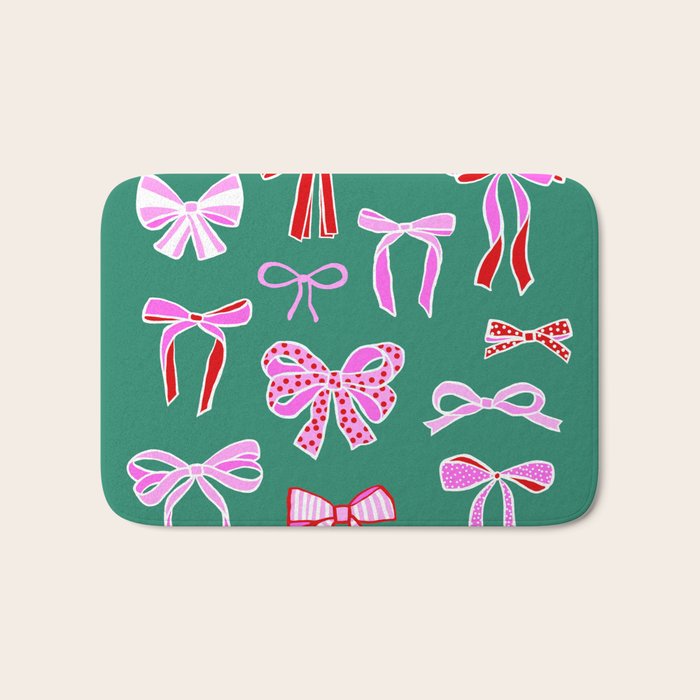 Festive Pink and Red Christmas Ribbons and Bows hand drawn Collection on Green Bath Mat Gallery Image 1