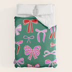Festive Pink and Red Christmas Ribbons and Bows hand drawn Collection on Green Duvet Cover Gallery Image 6