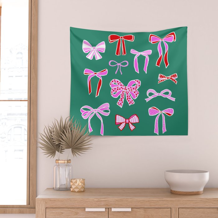 Festive Pink and Red Christmas Ribbons and Bows hand drawn Collection on Green Wall Tapestry Gallery Image 2