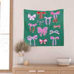Festive Pink and Red Christmas Ribbons and Bows hand drawn Collection on Green Wall Tapestry Gallery Image 2