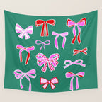 Festive Pink and Red Christmas Ribbons and Bows hand drawn Collection on Green Wall Tapestry Gallery Image 4