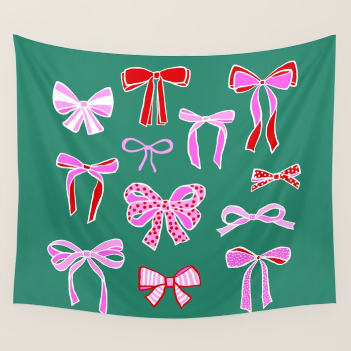 Festive Pink and Red Christmas Ribbons and Bows hand drawn Collection on Green Wall Tapestry Gallery Image 4
