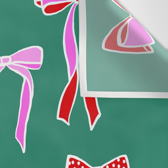 Festive Pink and Red Christmas Ribbons and Bows hand drawn Collection on Green Wall Tapestry Gallery Image 3