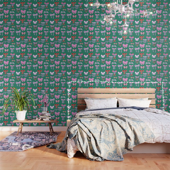 Festive Pink and Red Christmas Ribbons and Bows hand drawn Collection on Green Wallpaper Gallery Image 1