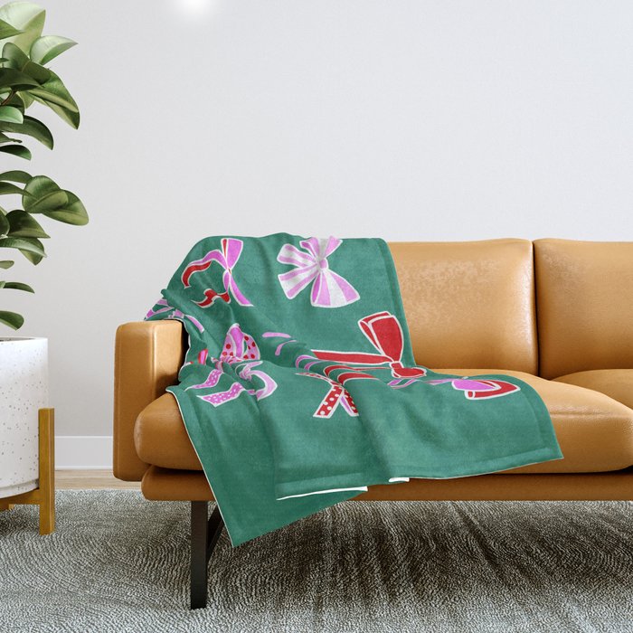 Festive Pink and Red Christmas Ribbons and Bows hand drawn Collection on Green Throw Blanket Gallery Image 1