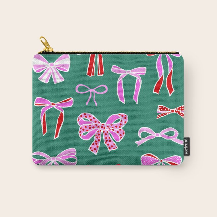Festive Pink and Red Christmas Ribbons and Bows hand drawn Collection on Green Carry All Pouch Gallery Image 1