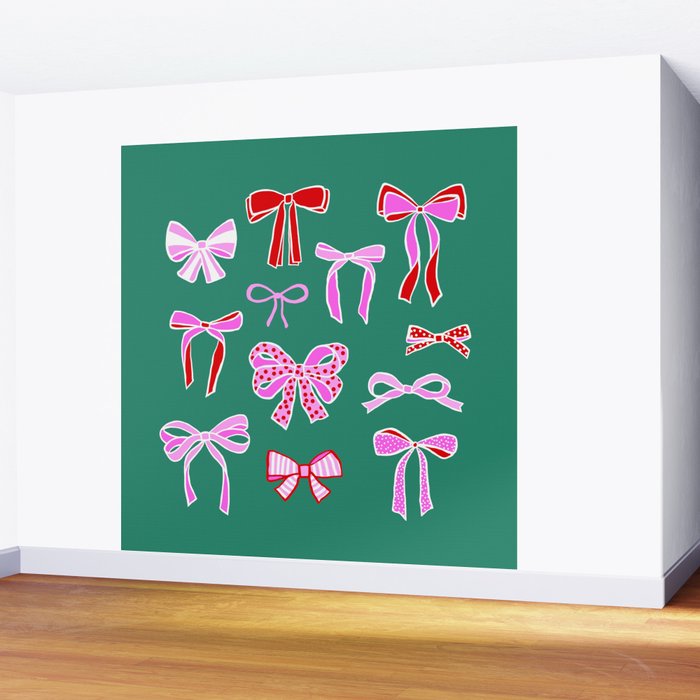 Festive Pink and Red Christmas Ribbons and Bows hand drawn Collection on Green Wall Mural Gallery Image 2