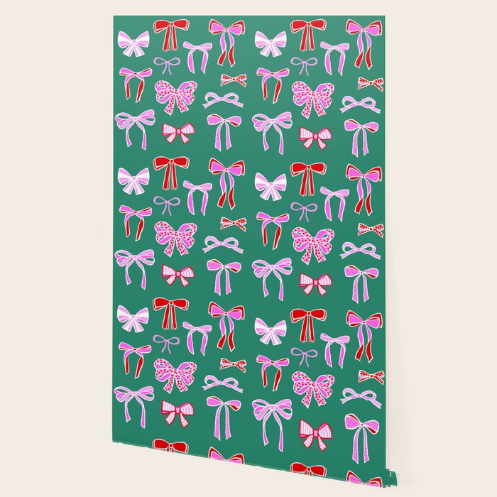 Festive Pink and Red Christmas Ribbons and Bows hand drawn Collection on Green Wallpaper Gallery Image 2