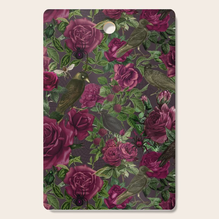 Burgundy Roses and Ravens Dark Gothic Pattern  Cutting Board Gallery Image 1