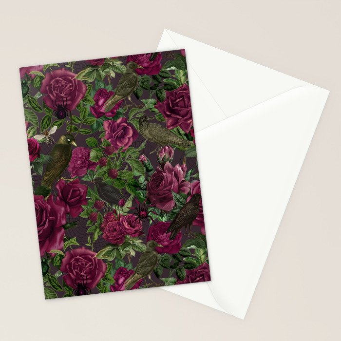 Burgundy Roses and Ravens Dark Gothic Pattern  Stationery Card Gallery Image 2