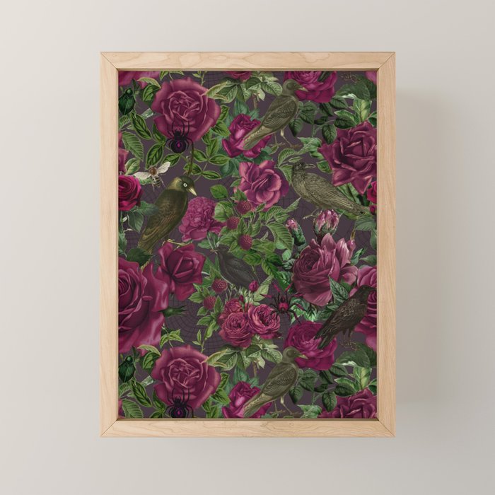 Burgundy Roses and Ravens Dark Gothic Pattern  Mini Art Print Gallery Image 1
