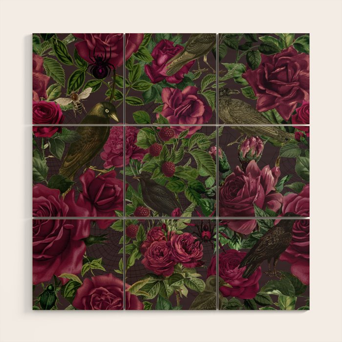 Burgundy Roses and Ravens Dark Gothic Pattern  Wood Wall Art Gallery Image 1