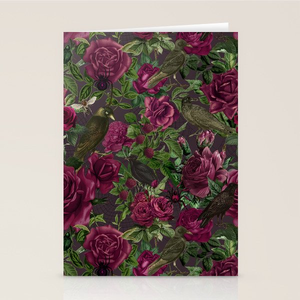 Burgundy Roses and Ravens Dark Gothic Pattern  Stationery Card Gallery Image 1