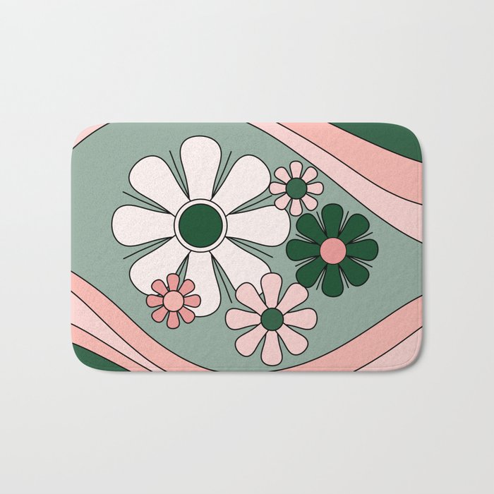 Retro Floral Daydream 60s Flowers Forest Green and Blush Pink Bath Mat Gallery Image 1