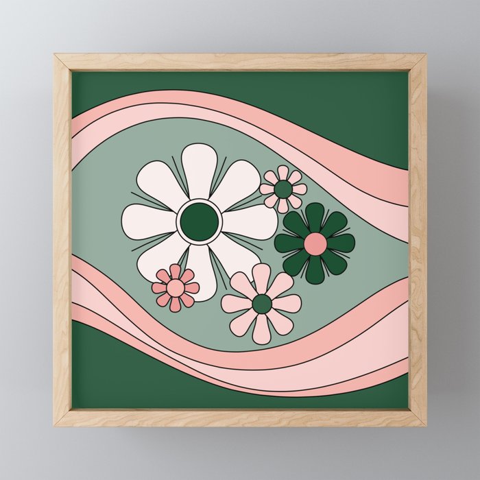 Retro Floral Daydream 60s Flowers Forest Green and Blush Pink Mini Art Print Gallery Image 1