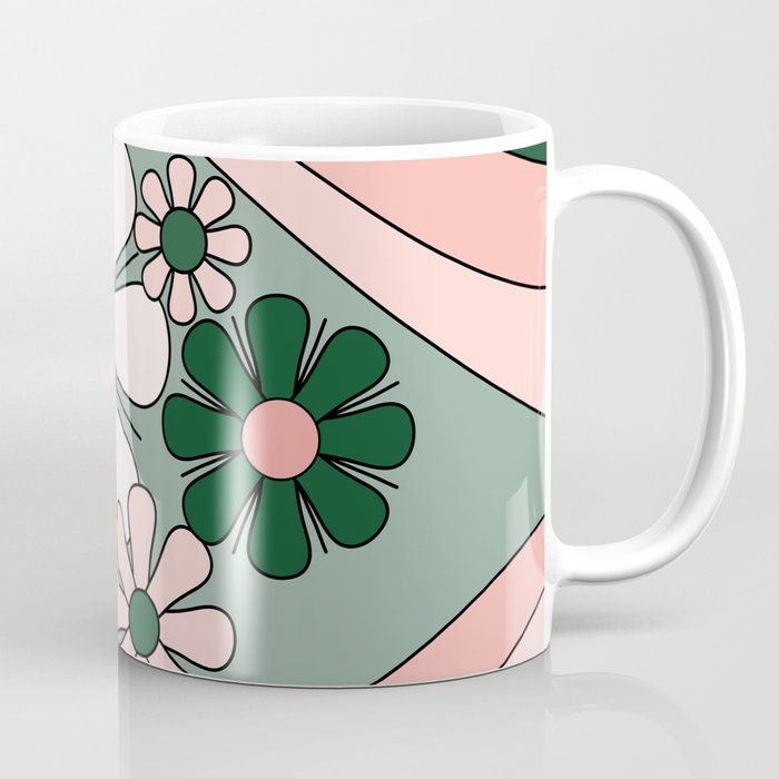 Retro Floral Daydream 60s Flowers Forest Green and Blush Pink Coffee Mug Gallery Image 1