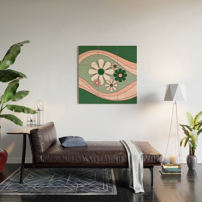 Retro Floral Daydream 60s Flowers Forest Green and Blush Pink Wood Wall Art Gallery Image 2