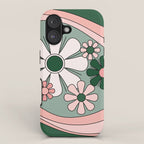 Retro Floral Daydream 60s Flowers Forest Green and Blush Pink iPhone Case Gallery Image 1