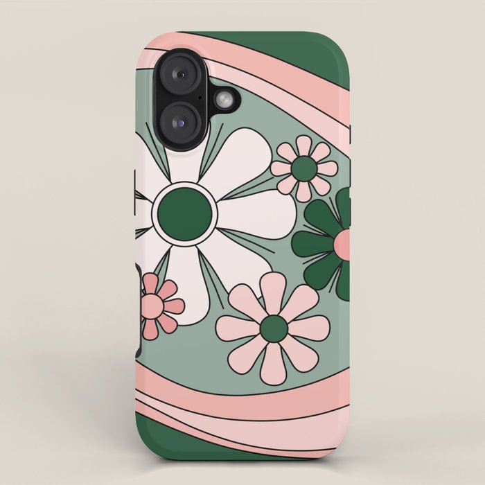 Retro Floral Daydream 60s Flowers Forest Green and Blush Pink iPhone Case Gallery Image 1
