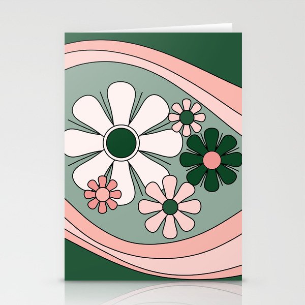 Retro Floral Daydream 60s Flowers Forest Green and Blush Pink Stationery Card Gallery Image 2