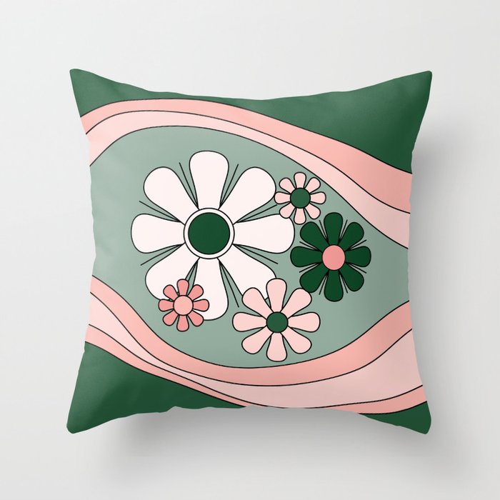Retro Floral Daydream 60s Flowers Forest Green and Blush Pink Throw Pillow Gallery Image 6