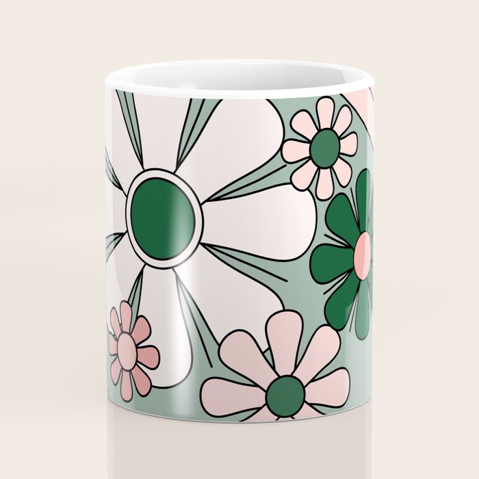 Retro Floral Daydream 60s Flowers Forest Green and Blush Pink Coffee Mug Gallery Image 4