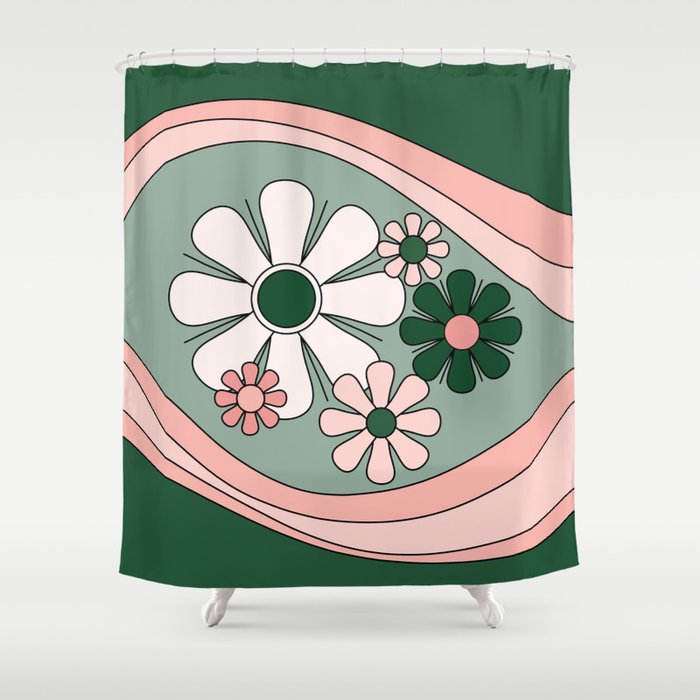 Retro Floral Daydream 60s Flowers Forest Green and Blush Pink Shower Curtain Gallery Image 1