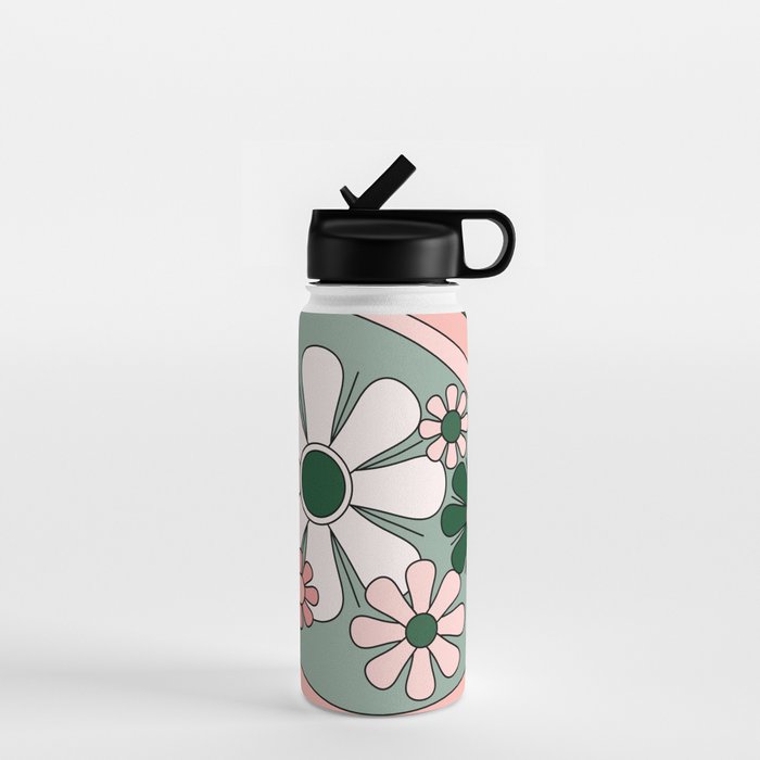 Retro Floral Daydream 60s Flowers Forest Green and Blush Pink Water Bottle Gallery Image 1