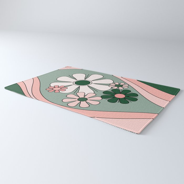 Retro Floral Daydream 60s Flowers Forest Green and Blush Pink Rug Gallery Image 3