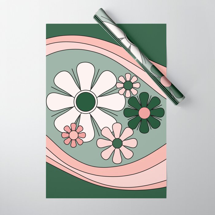 Retro Floral Daydream 60s Flowers Forest Green and Blush Pink Wrapping Paper Gallery Image 1