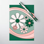 Retro Floral Daydream 60s Flowers Forest Green and Blush Pink Wrapping Paper Gallery Image 1