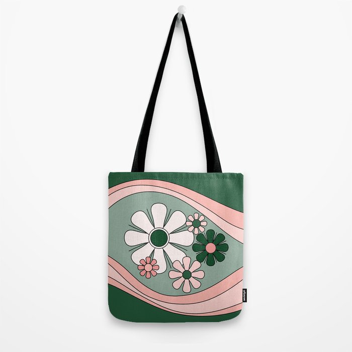 Retro Floral Daydream 60s Flowers Forest Green and Blush Pink Tote Bag Gallery Image 2