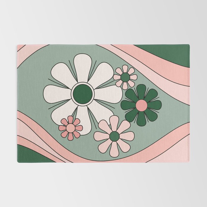 Retro Floral Daydream 60s Flowers Forest Green and Blush Pink Rug Gallery Image 2