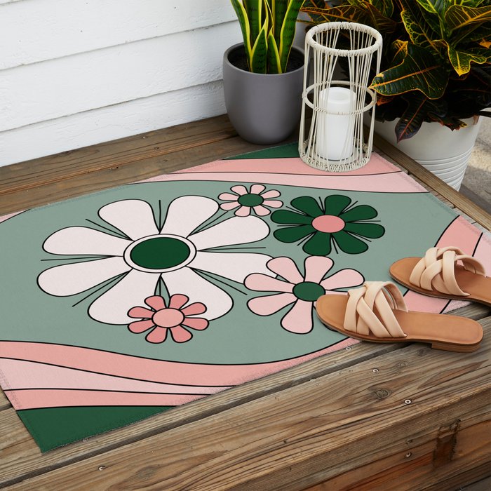 Retro Floral Daydream 60s Flowers Forest Green and Blush Pink Outdoor Rug Gallery Image 2