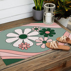 Retro Floral Daydream 60s Flowers Forest Green and Blush Pink Outdoor Rug Gallery Image 2