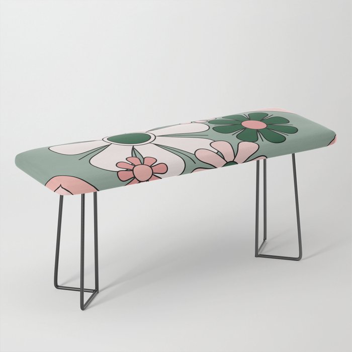 Retro Floral Daydream 60s Flowers Forest Green and Blush Pink Bench Gallery Image 1