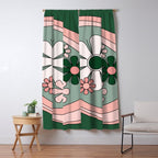 Retro Floral Daydream 60s Flowers Forest Green and Blush Pink Window Curtain Gallery Image 5