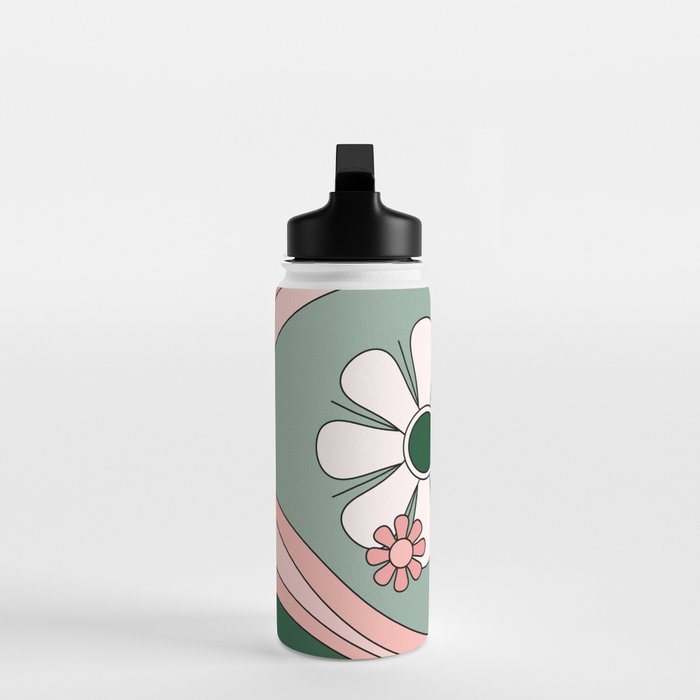 Retro Floral Daydream 60s Flowers Forest Green and Blush Pink Water Bottle Gallery Image 3