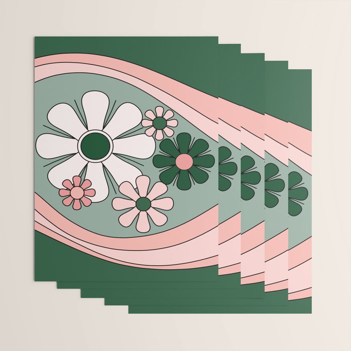 Retro Floral Daydream 60s Flowers Forest Green and Blush Pink Wrapping Paper Gallery Image 3
