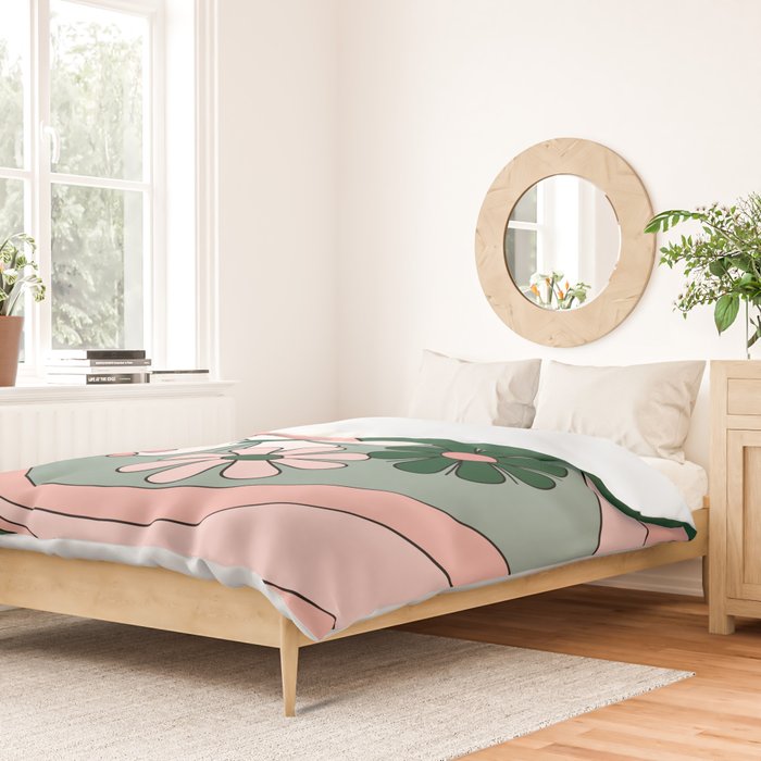 Retro Floral Daydream 60s Flowers Forest Green and Blush Pink Duvet Cover Gallery Image 2