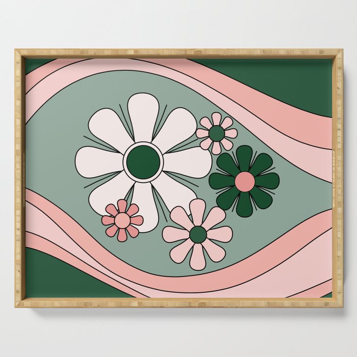 Retro Floral Daydream 60s Flowers Forest Green and Blush Pink Serving Tray Gallery Image 1
