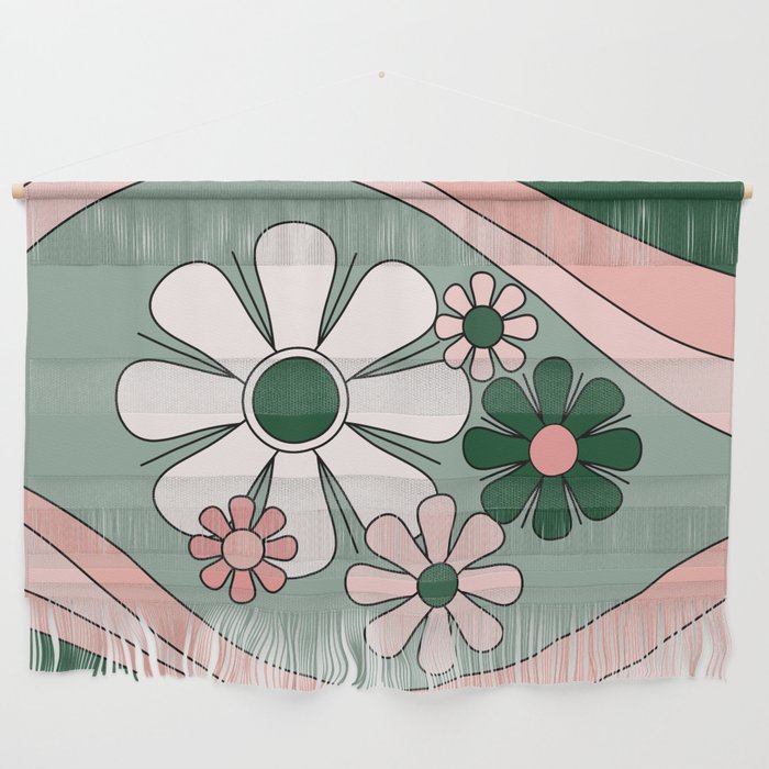 Retro Floral Daydream 60s Flowers Forest Green and Blush Pink Wall Hanging Gallery Image 1