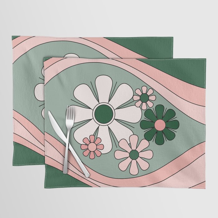 Retro Floral Daydream 60s Flowers Forest Green and Blush Pink Placemat Gallery Image 1