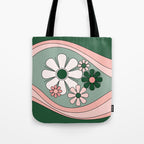 Retro Floral Daydream 60s Flowers Forest Green and Blush Pink Tote Bag Gallery Image 1